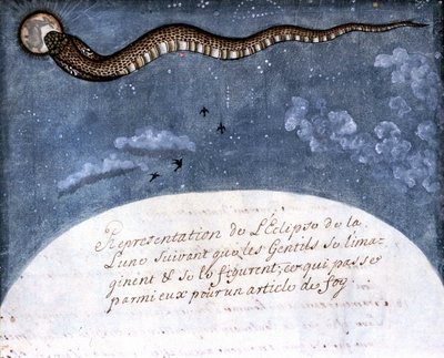 El eclipse de la luna imaginado por los indios Mogol (una serpiente devorando la luna). Página tomada del manuscrito “Historia de Mogol” (Moghul o Moghol) por Stefano Nivibus Cardeira. Siglo XVIII. Biblioteca Marciana, Venecia de Italian School