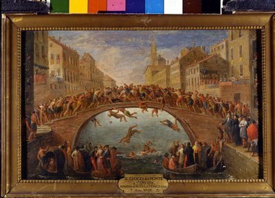 El juego del puente en Venecia La batalla de los bastones en el Ponte Santa Fosca. Pintura de la escuela veneciana. Siglo XVIII. de Italian School