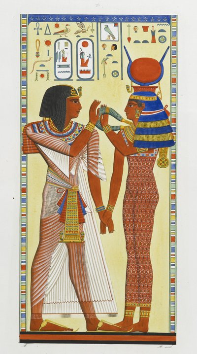 La diosa Hathor colocando el collar mágico en Seti I de Italian School
