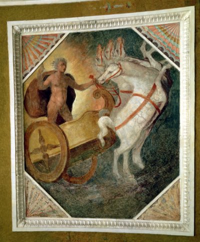 El salón en el nivel del Ninfeo, (detalle) de la decoración de la bóveda que representa a Zeus descendiendo del Olimpo en su carro, posiblemente ejecutado por Bartolomeo Ammannati de Italian School