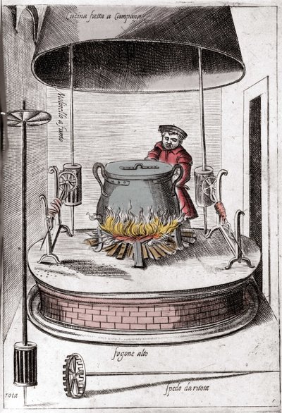 La cocina bajo una campana. Grabado de 