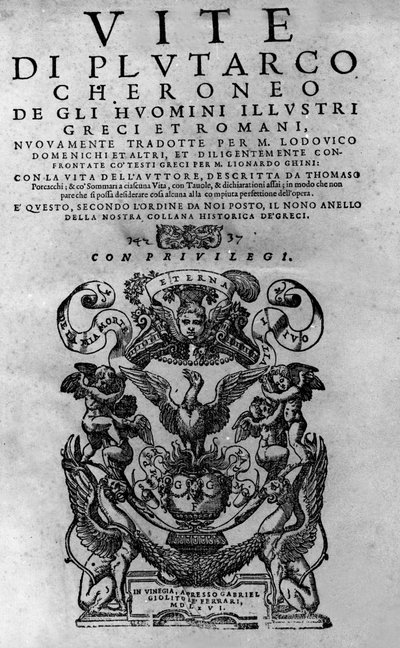Las vidas de hombres ilustres. Frontispicio del libro de Plutarco de Queronea, también llamado 