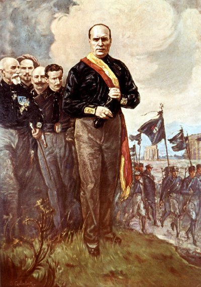 La marcha sobre Roma: Benito Mussolini caminando hacia Roma rodea a camisas negras el 28/10/1922 tras el (desaparecido) cuadro de S.Galimberti. de Italian School
