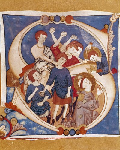 El martirio de San Esteban (Esteban, Stefano) La lapidación del primer mártir cristiano en el siglo I. Letra iluminada de un manuscrito de la escuela de Umbría. Siglo XIV. Città di Castello, Biblioteca Cívica de Italian School