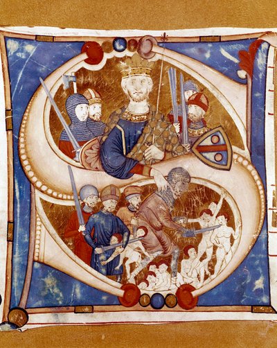 La masacre de los inocentes. El rey Herodes I el Grande (73-4 a.C.) ordena la masacre de los recién nacidos de Belén. Letra iluminada de un manuscrito de la escuela de Umbría. Siglo XIV. Città di Castello, Biblioteca Cívica de Italian School
