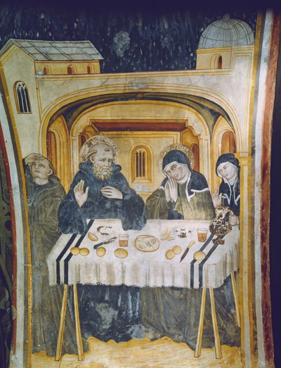 El milagro de la lluvia tras la intervención de Santa Escolástica durante la comida con su hermano, San Benito de Italian School