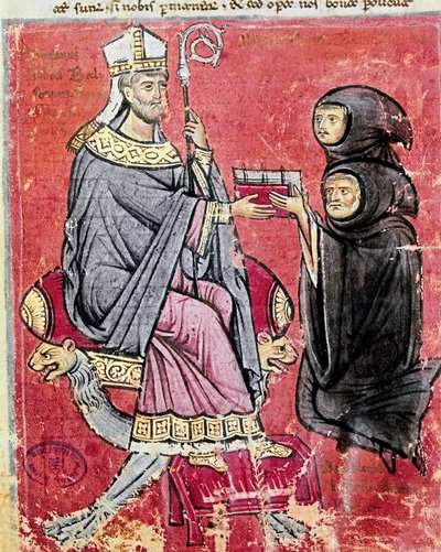El monje Benedetto da Bari (representando joven y viejo para indicar que escribir su obra le ha llevado toda la vida) entrega al abad Balsamo (siglo XIII), líder de la abadía benedictina de Cava de Tirreni, su códice De Septem Sigillis de Italian School