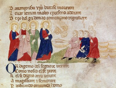 La multiplicación de los panes y los peces (Miniatura de “Del novo e del vedre testamento” de Pietro da Barsegape, siglo XIII) siglo XIV Milán, Biblioteca Braidense de Italian School