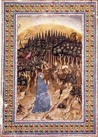 El poeta Dante se encuentra en un bosque oscuro. Página iluminada del primer canto del Infierno de la 
