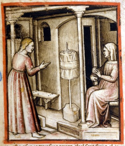 El hilado de lana en el siglo XIV. Miniatura del códice 212 (o códice padovano o Biblia de Padua) 1390-1400 Rovigo, Accademia dei Concordi de Italian School