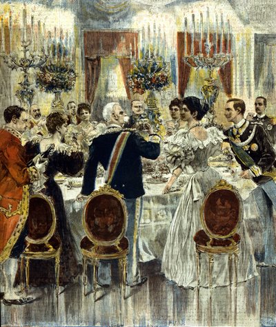 El banquete de bodas de los novios Víctor Manuel III (Vittorio Emanuele) y Helena de Montenegro se celebra en el Palacio del Quirinal, Roma. 1896 de Italian School