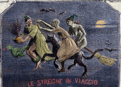 Las brujas en camino al Sabbat: una está en un gato negro, otra en una escoba y la tercera en un dragón lleva un elixir. Grabado. de Italian School
