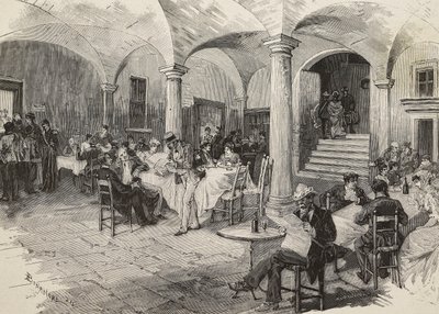 Pasajeros de tercera clase y pasajeros de primera clase en cuarentena, desinfectando equipaje, castillo de Quarcino, en la frontera suiza, epidemia de cólera, Italia, grabado de Mancastropa de un dibujo de Bonamore, de L