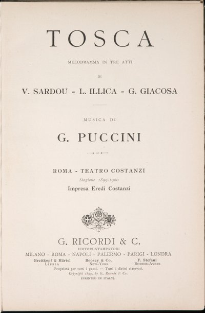 Página de título, Libreto de Tosca, de Giacomo Puccini, Edición Ricordi, Italia de Italian School