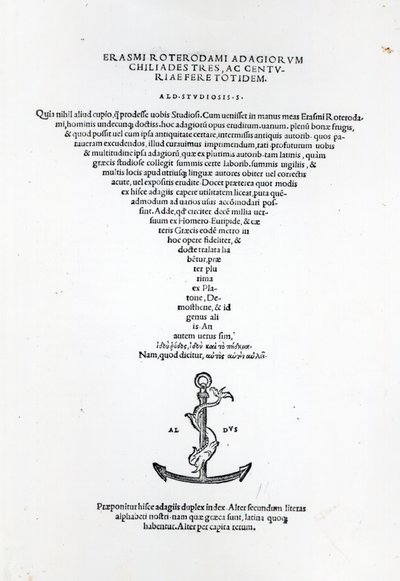 Página de título de los Adagios de Erasmo, impreso por Aldus Manutius en Venecia, 1508 de Italian School