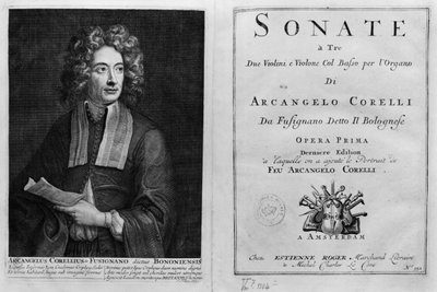 Portada de Sonate a Tre con un retrato de Arcangelo Corelli (1653-1713) de Italian School