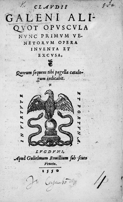 Portada de Claudi Galeni Aliquot opuscula nunc primum Venetorum opera inventa et excusa, una colección de obras de Claudio Galeno, publicada en 1550 (grabado) de Italian School