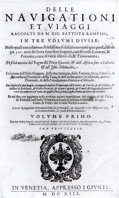 Página de título del volumen I de Delle Navigationi et Viaggi por Giovanni Ramusio (1485-1557) publicado en 1613 de Italian School