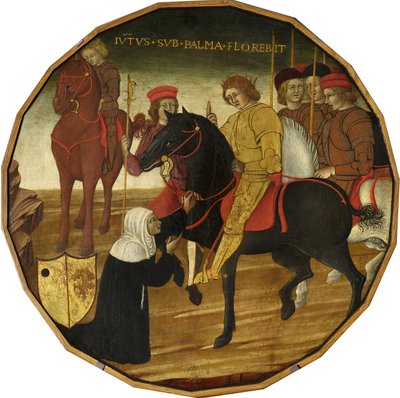 Trajano y la viuda (temple con oro y plata sobre tabla) de Italian School