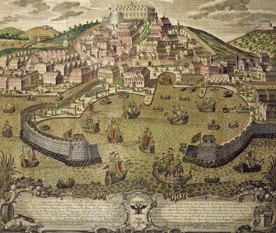 Ciudad de Trieste y su puerto libre, grabado en color, Italia de Italian School