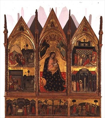 Tríptico: Madonna y Niño entronizados flanqueados por escenas de la vida de San Bartolomé con un panel predela de escenas de la vida de Cristo, Escuela de las Marcas de Italian School
