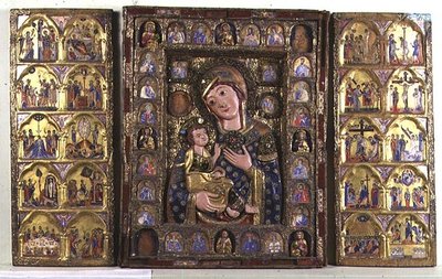 Tríptico de la Madonna y Niño con Evangelistas, Profetas y escenas de la vida de Cristo (madera, filigrana de plata y esmalte) de Italian School