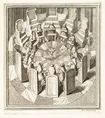 Doce jueces de la Rota rezando en una sala circular rodeando al Espíritu Santo, pub. 1717 de Italian School