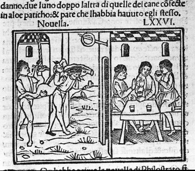 Dos hombres llevando un cerdo en sus hombros. Ilustración para la noticia 76 del 