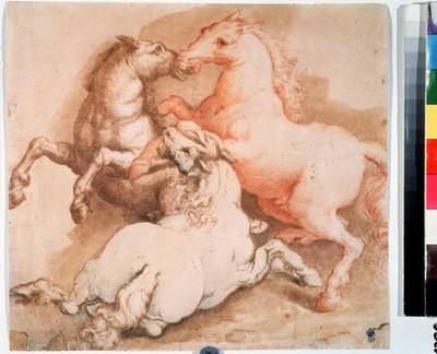 "Caballos de combate" Dibujo a pluma y tinta de la escuela italiana. 1550-1600 Museo Pushkin, Moscú de Italian School