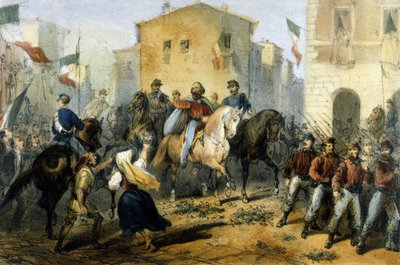Unificación de Italia: la expedición de los Mil o Camisas Rojas liderada por Giuseppe Garibaldi (1807-1882). Llegada a Messina en Sicilia. Dibujo de finales del siglo XIX de Italian School