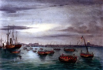 Unificación de Italia: la expedición de los Mil o Camisas Rojas liderada por Giuseppe Garibaldi (1807-1882). Salida de la primera flota del ejército de Garibaldi desde el faro de Messina en Sicilia hacia Calabria. Litografía del siglo XIX de Italian School
