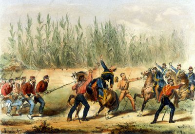 Unificación de Italia: la expedición de los Mil o Camisas Rojas liderada por Giuseppe Garibaldi (1807-1882). Garibaldi mató a un capitán de la caballería napolitana en la Batalla de Milazzo. Sicilia siglo XIX Litografía de Italian School