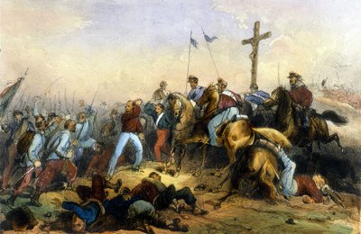 Unificación de Italia: Batalla de Milazzo en Sicilia el 20/07/1860. Los Mil de Giuseppe Garibaldi derrotaron a Francisco II. Litografía de finales del siglo XIX de Italian School