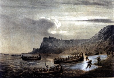 Unificación de Italia: expedición de los Mil o Camisas Rojas liderada por Giuseppe Garibaldi (1807-1882). La partida de la primera flota de garibaldinos hacia Calabria en el Fuerte Stella. Litografía del siglo XIX. de Italian School