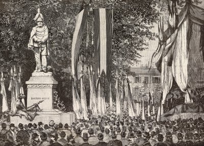 Inauguración del monumento al General Giacomo Medici, Milán, Italia, grabado de un dibujo de Edoardo Ximenes de una fotografía de Rossi, de L