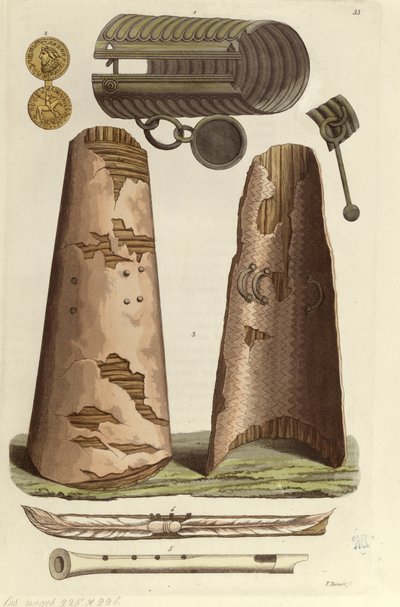 Varios artefactos vikingos: brazalete de bronce, medalla de oro con alfabeto rúnico, escudos, flautas. Ilustración de V. Raineri de 