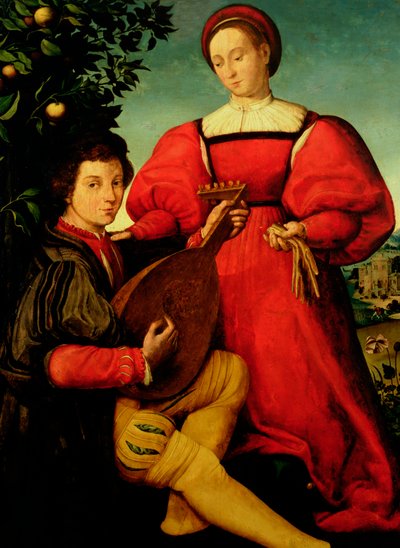 Dama veneciana y músico con laúd de Italian School