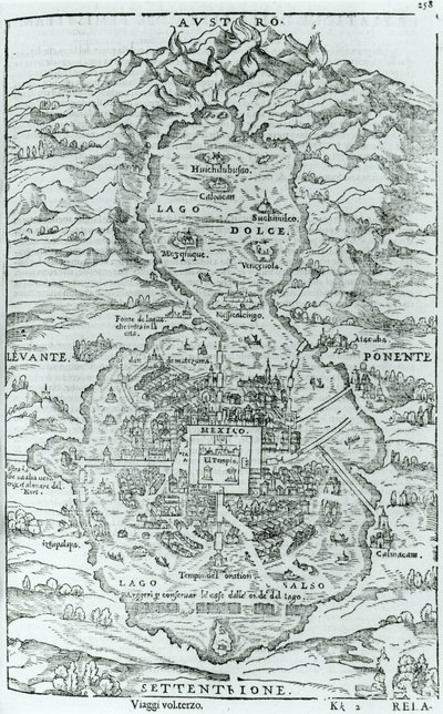 Vista desde el norte de la ciudad azteca de Tenochtitlán, de Relación de la Ciudad de Temistitan por Giovanni Battista Ramusio (1485-1557) publicado en Venecia 1606 de Italian School