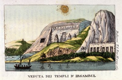 Vista del Templo de Abu Simbel. El autor Giovanni Battista (Gianbattista) Belzoni (1778-1823), es un explorador y arqueólogo italiano, hizo importantes descubrimientos arqueológicos en Egipto. Grabado - en 