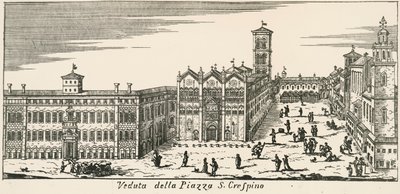 Vista de la Piazza San Crispino y la Catedral de Ferrara, grabado, Italia de Italian School