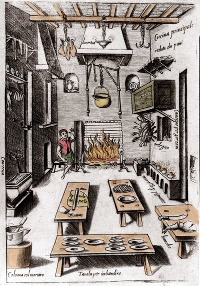 Vista de una cocina. Grabado de “Opera”, libro sobre gastronomía dividido en 6 partes, por Bartolomeo Scappi, cocinero personal del Papa Pío V. Venecia de Italian School