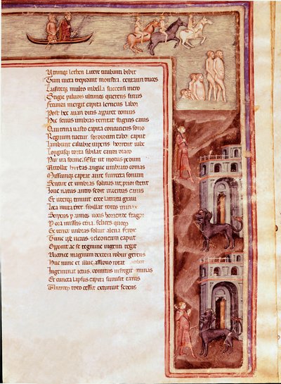 Vista del Inframundo, Personajes y Monstruos, ilustración para Hércules Furioso de Séneca (Miniatura) de Italian School