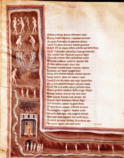 Vista del inframundo, personajes y monstruos, almas errantes en los círculos del inframundo, ilustración para Hércules Furioso de Séneca (Miniatura) de Italian School