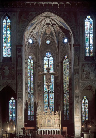Vista de la cappella maggiore de la iglesia de Santa Croce, con fresco, principios del siglo XIV de Italian School