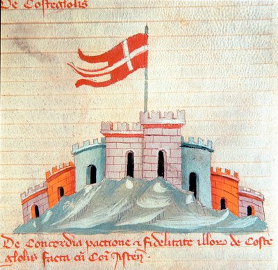 Vista del castillo de Castiglione en Toscana. Miniatura del Codex Astensis (o Malabayla), crónicas sobre la ciudad de Asti entre 1065 y 1353. Siglo XIV. Conservado en el alcalde de Asti de Italian School