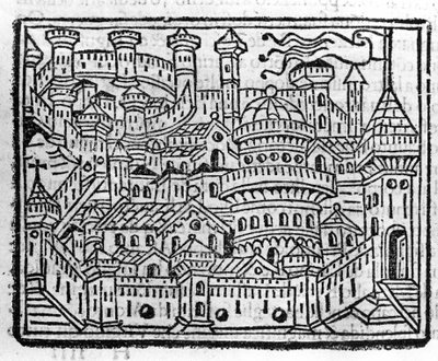 Vista de la ciudad de Aosta en Italia. Grabado en 