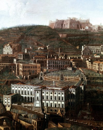 Vista del antiguo palacio de justicia convertido en palacio con jardines colgantes en Nápoles de Italian School