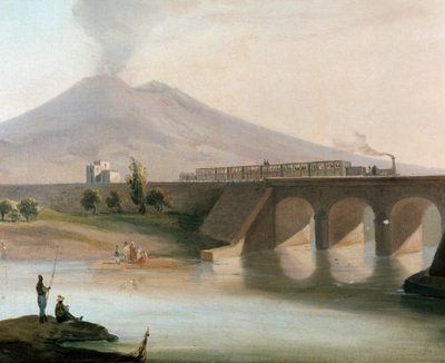 Vista de la línea ferroviaria entre Torre Annunziata y Nocera en la región de Nápoles inaugurada en 1844, el Vesubio es visible en el fondo de Italian School