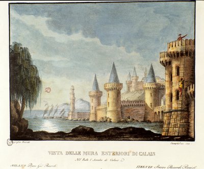 Vista de las murallas de Calais en 1347 durante la Guerra de los Cien Años, escenografía para la ópera 