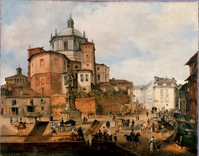 Vista de la plaza Vetra y el ábside de la Basílica de San Lorenzo. Pintura anónima. Finales del siglo XIX. Milán, Museo de Milán de Italian School